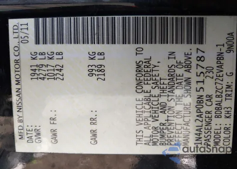 2011 Nissan Altima 2.5 S z USA, uszkodzony, nr VIN 1N4AL2AP0BN515787